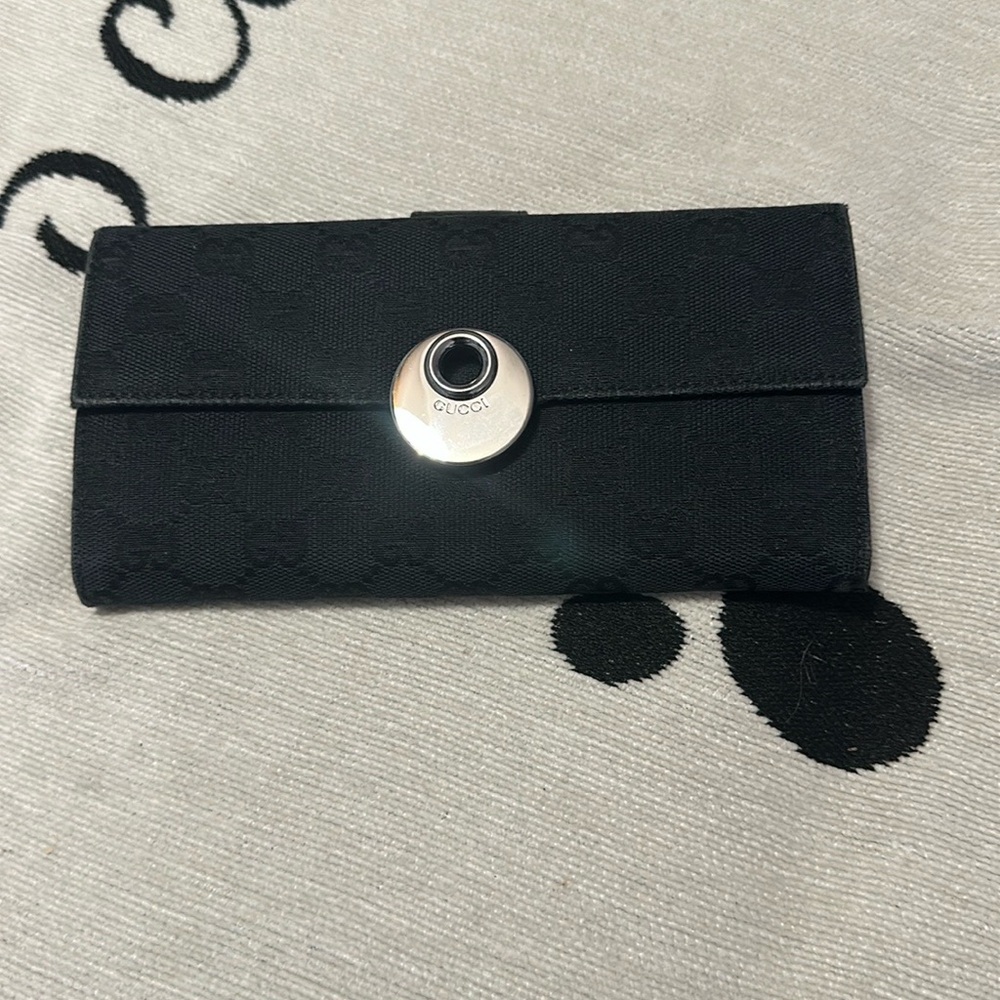 Gucci Black mono canvas and leather with silver long Wallet